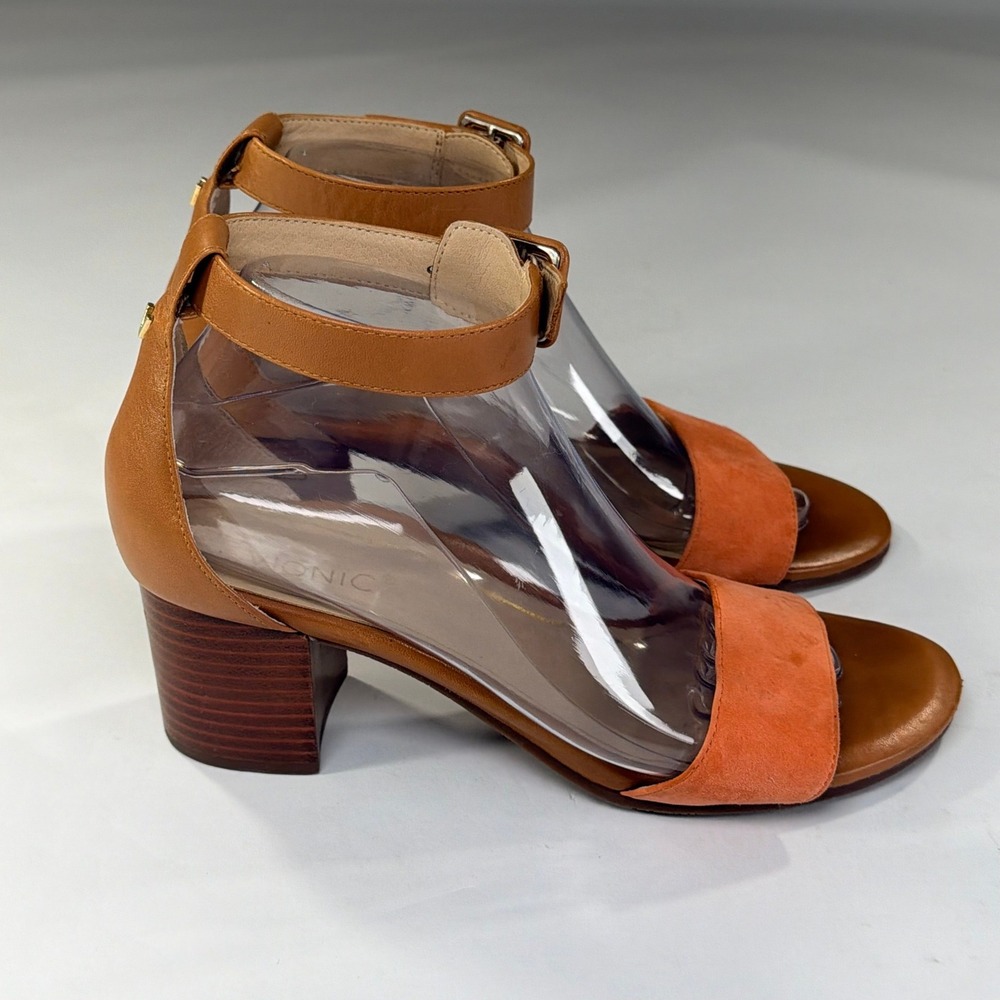 Vionic Rosie Nat Sandals Sz 8.5 Tan Coral Leather Ankle Strap Comfort Block Heel
